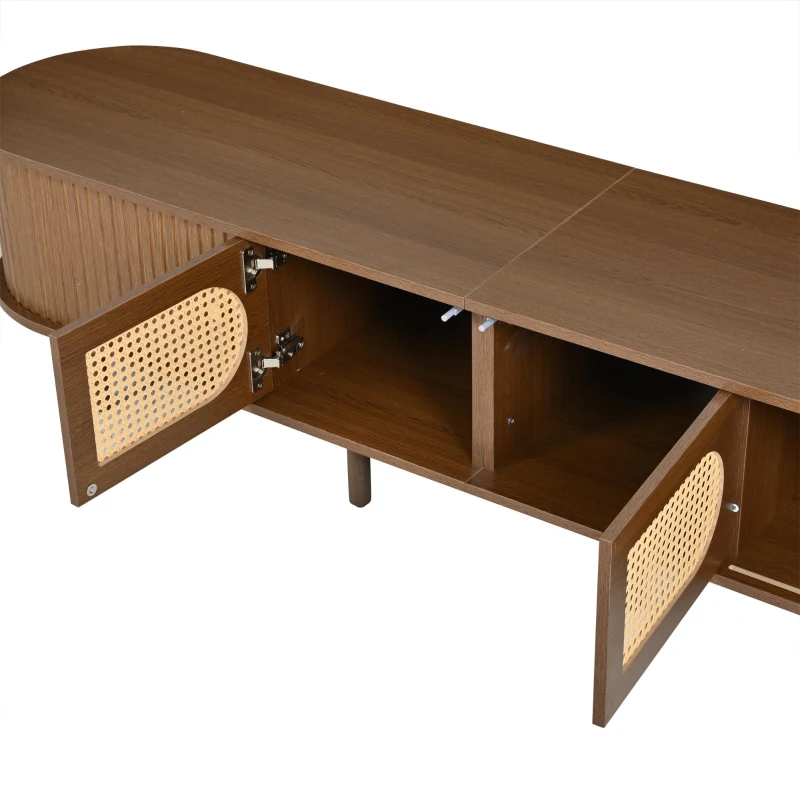 Stylish Oval TV Cabinet with Rattan-Style Fronts, Sturdy Lowboard with 30 kg Load Capacity, 180L x 40W x 40H cm, Walnut