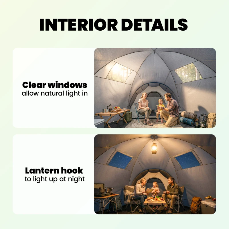 Outsunny 6-9 Man Large Tunnel Tent with 3 Bedrooms, Living Area and Porch, Stand-up Camping Tent, Portable with Bag, Light Grey