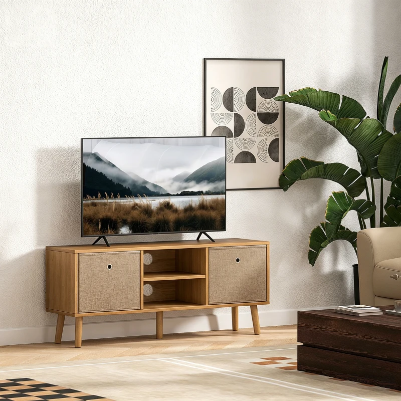 HOMCOM Meuble TV bas sur pieds style contemporain avec 2 tiroirs en tissu dim. 110L x 29l x 46,5H cm - passe-câbles - MDF