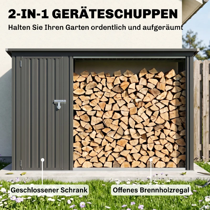Outsunny 2-in-1 Kaminholzregal Außen verzinkter Stahl 235 x 67 x 149 cm Brennholzregal mit Geräteschrank Schrägdach Dunkelgrau