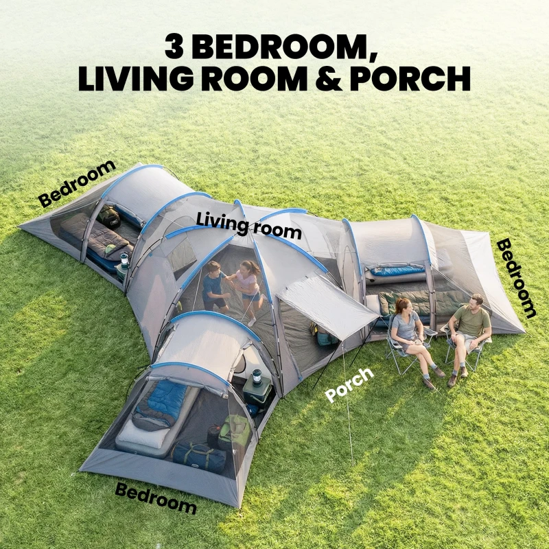 Outsunny 6-9 Man Large Tunnel Tent with 3 Bedrooms, Living Area and Porch, Stand-up Camping Tent, Portable with Bag, Light Grey