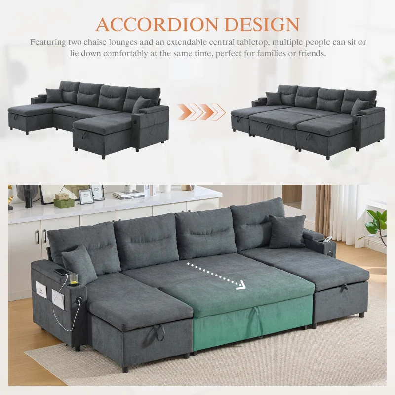 Contemporary 4-Seater Sofa with 2 Chaise Longues, Ribbed Corduroy Couch with Built-In Cup Holders, 272L x 136W x 86H cm, Charcoal grey