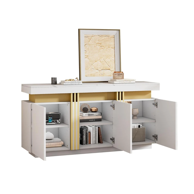 Modern Sideboard with Faux Marble Top and Anti-Tip Fixings, Luxury Storage Unit with Adjustable Shelves, 140L x 38W x 70H cm, White