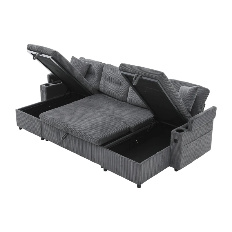 Contemporary 4-Seater Sofa with 2 Chaise Longues, Ribbed Corduroy Couch with Built-In Cup Holders, 272L x 136W x 86H cm, Charcoal grey