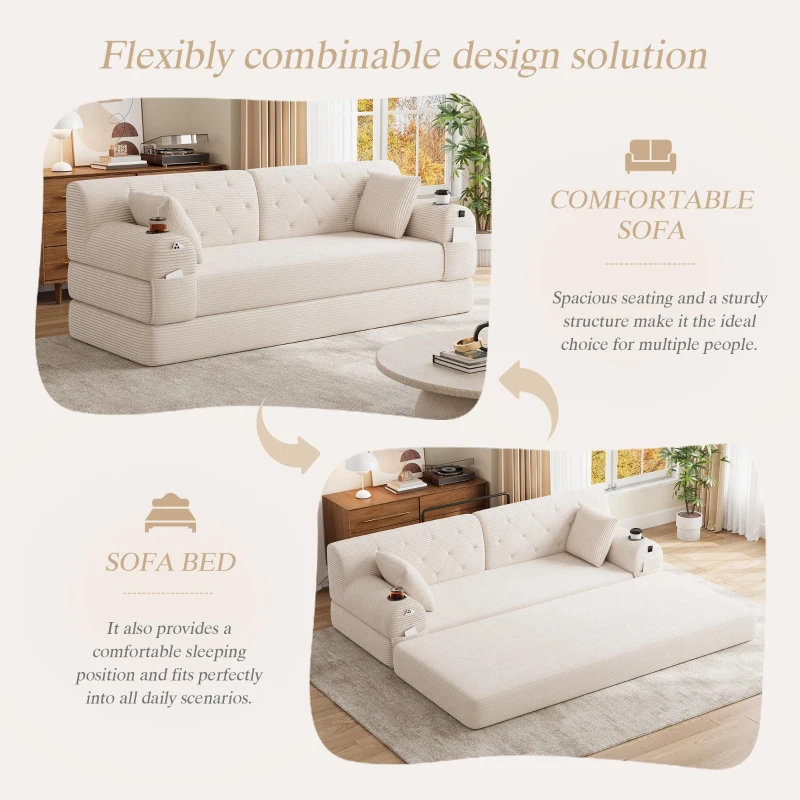 3-Seater Sleeper Sofa with Corduroy High-Back and High-Density Foam, Space-Saving Sofa Bed with 4 Side Pockets, 208L x 80W x 81H cm, Beige