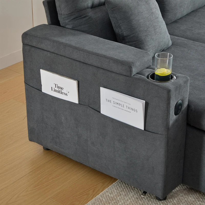 Contemporary 4-Seater Fabric Sofa with 2 Chaise Longues, Minimalist U-Shaped Couch with Integrated Cup Holders, 272L x 136W x 86H cm, Dark Gray
