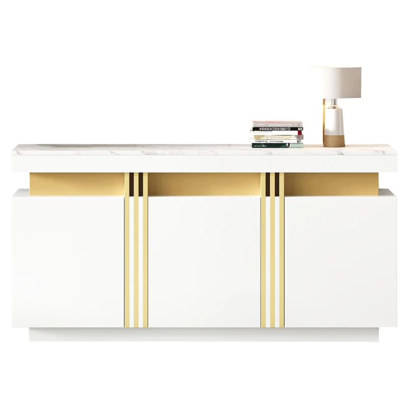 Modern Sideboard with Faux Marble Top and Anti-Tip Fixings, Luxury Storage Unit with Adjustable Shelves, 140L x 38W x 70H cm, White