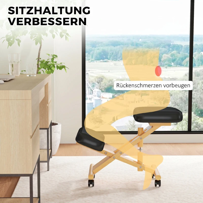 HOMCOM Kniestuhl Ergonomischer Kniehocker mit Rollen Sitzhocker zur Verbesserung der Nackenschmerzen für Zuhause und Büro