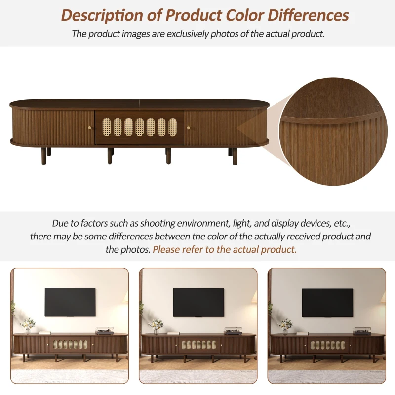 Oval TV Unit with Rattan-Effect Hinged Door, Sturdy Lowboard with 5 Enclosed Compartments, 180L x 40W x 40H cm, Walnut