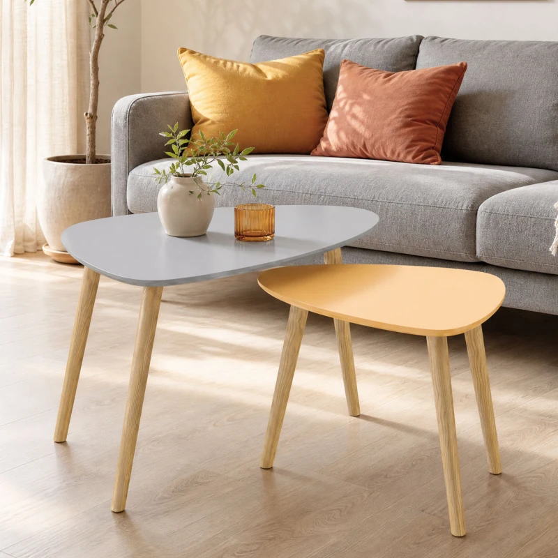 HOMCOM Lote de 2 Mesas de Centro Anidadas de Diseño Escandinavo con Patas de Madera y Tablero de Madera Gris y Amarillo