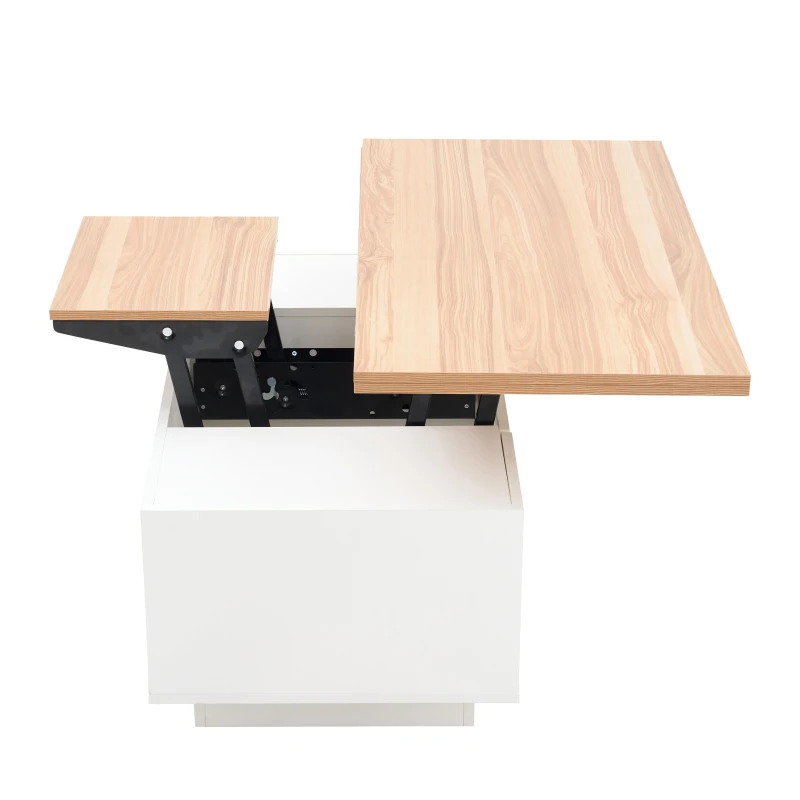 Lift-up Coffee Table with Hidden Storage and Dual Liftable Tops, Space-saving Centre Table for Dining, 100L x 50W x 55.5H cm, White+Natural