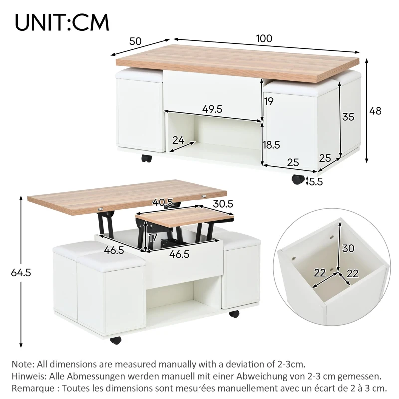 Lift-Top Coffee Table with Hydraulic Lift, Stylish Side Table with 2 Open Shelves, 100L x 50W x 48H cm, Natural+White