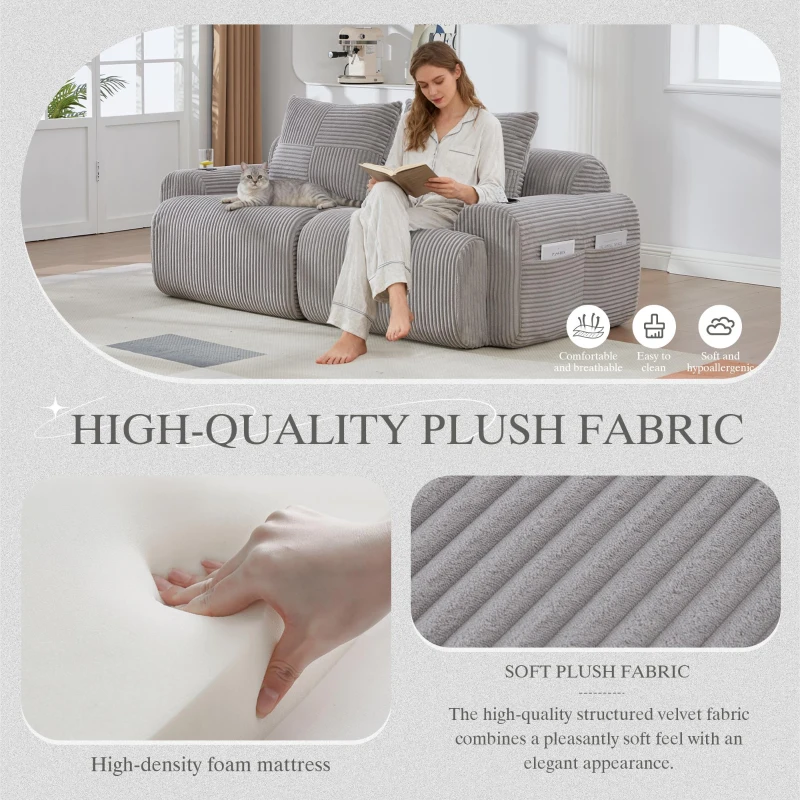 Modular 2-Seater Sofa with Built-In Cup Holder and Side Storage Pocket, Ribbed Corduroy Couch with High-Density Foam, 200L x 99W x 80H cm, Light Gray