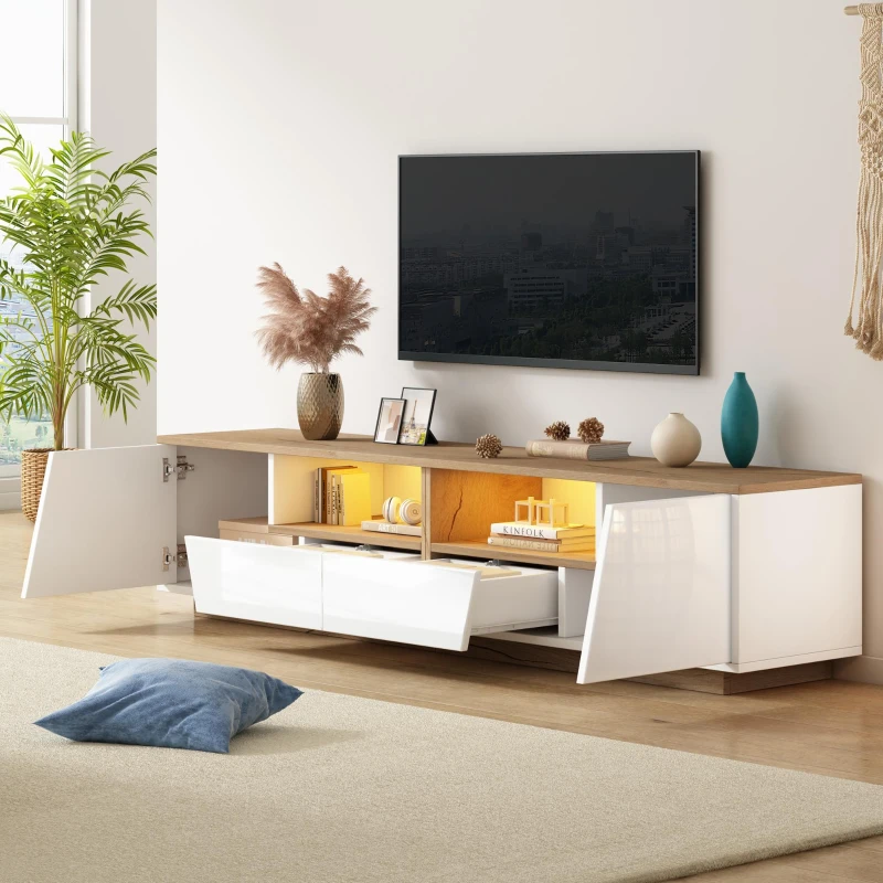 LED TV Stand with App-Controlled Ambient Lighting, Low-Profile TV Cabinet with Cable Management, 180L x 40W x 46H cm, White+Oak