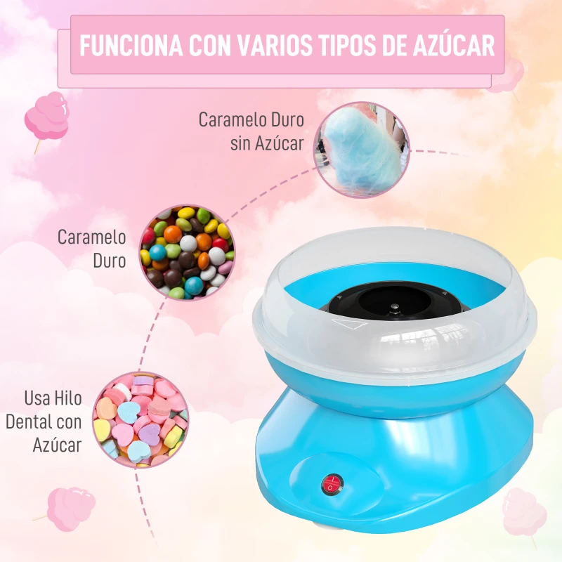 HOMCOM Máquina de Algodón de Azúcar en Casa de Polipropileno Acero Inox. y Aluminio 450W-550W para Fiestas 27x26x18 cm Azul