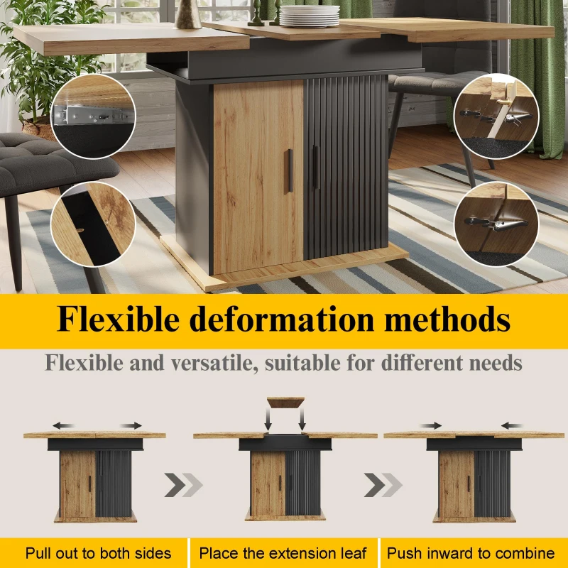 Telescopic Dining Table with Double-Sided Extension System, Modern Extension Table with Height-Adjustable Shelves, 140L x 80W x 75H cm, Black+Natural