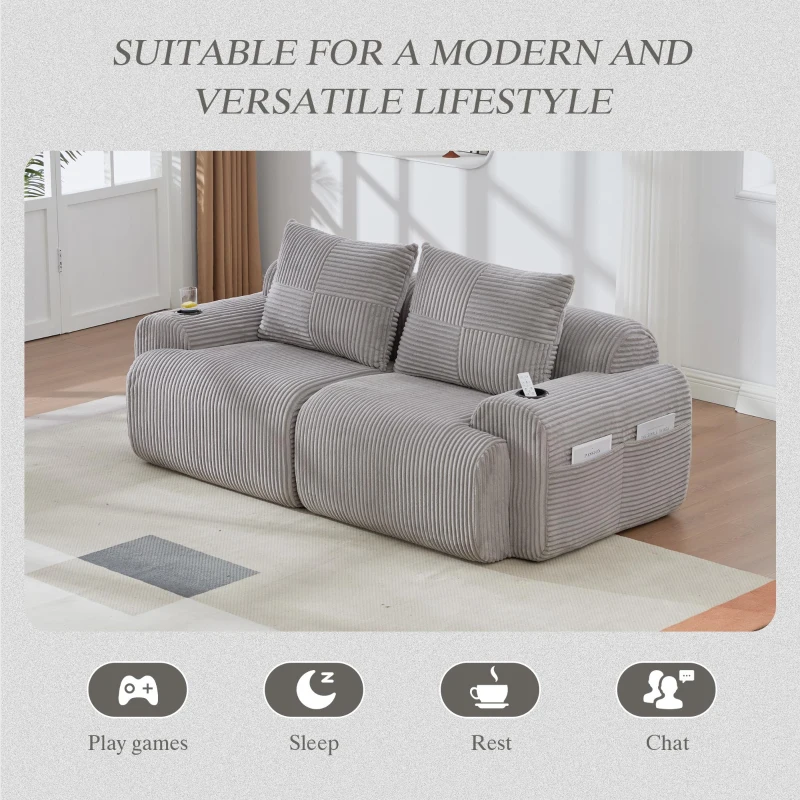 Modular 2-Seater Sofa with Built-In Cup Holder and Side Storage Pocket, Ribbed Corduroy Couch with High-Density Foam, 200L x 99W x 80H cm, Light Gray