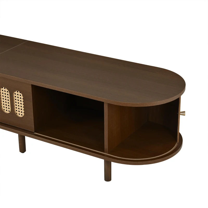Oval TV Unit with Rattan-Effect Hinged Door, Sturdy Lowboard with 5 Enclosed Compartments, 180L x 40W x 40H cm, Walnut