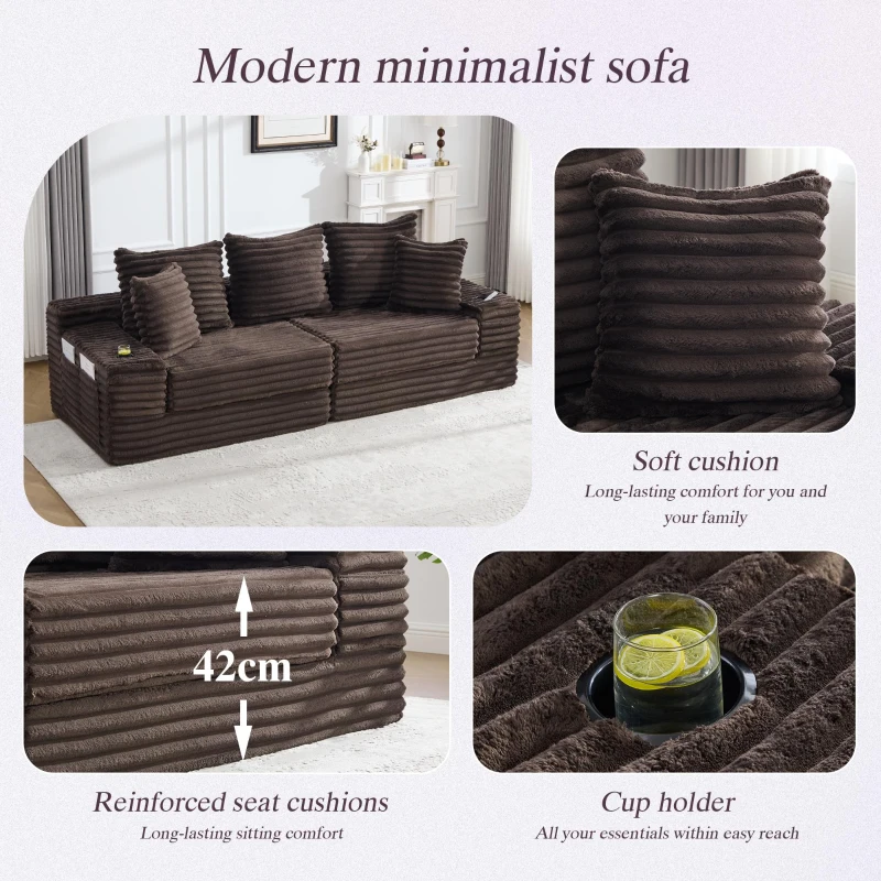 Convertible Sofa Bed with High Backrest and Extra Pillow, Ribbed Corduroy Couch with Dual Side Pockets, 107.5L x 38.5W x 34H cm, Coffee