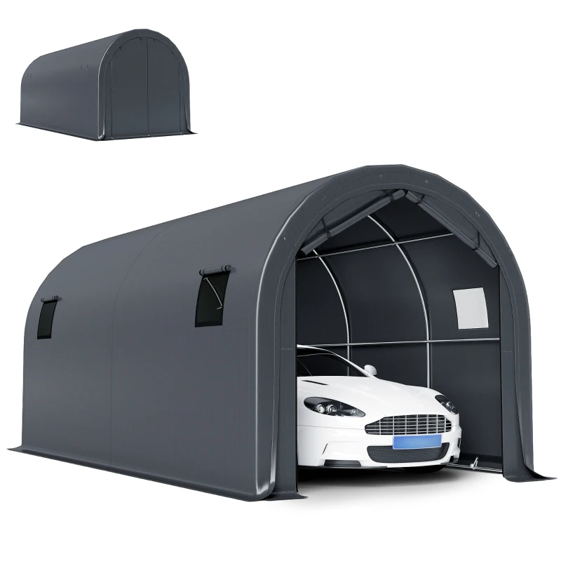 Outsunny Carport 3x6m, Garaj Portabil cu Ușă și Ferestre, Gri Închis