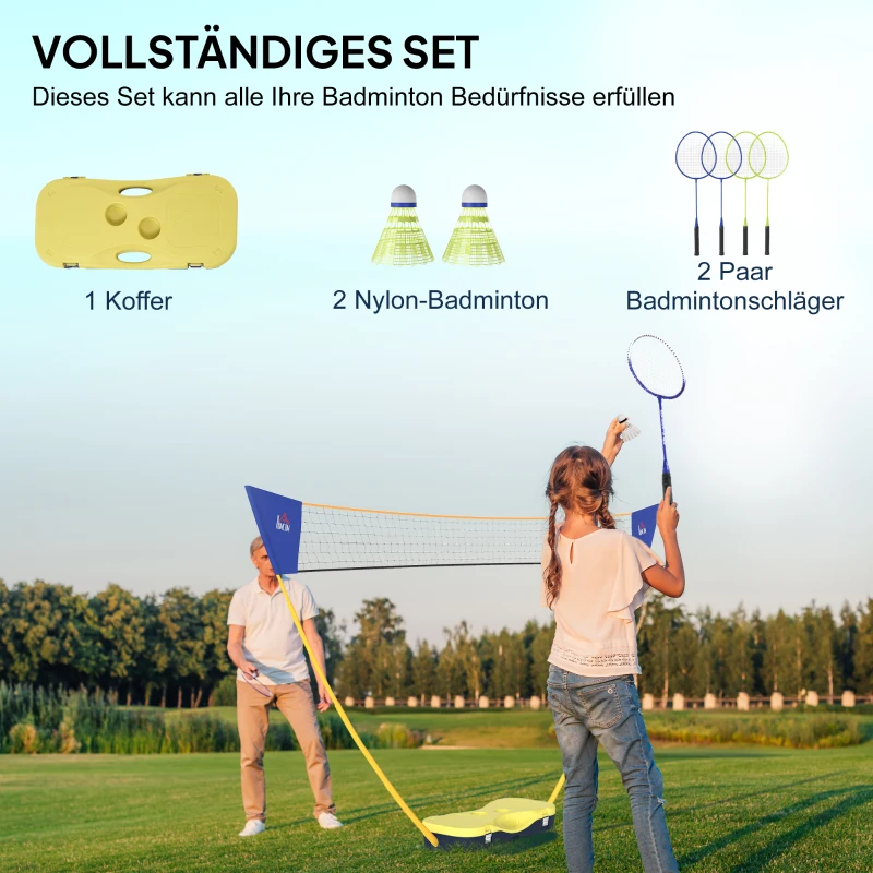 HOMCOM Badminton Netz tragbarer Netzständer Badminton Set 4 Schläger Outdoor Sport 286 x 33 x 157 cm Gelb+Blau