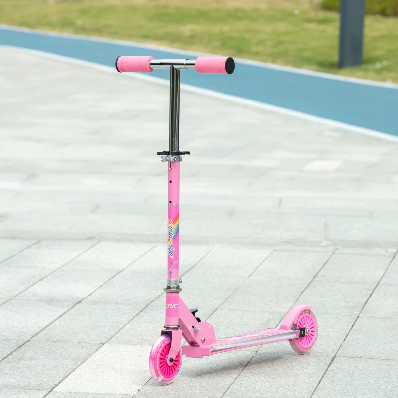 HOMCOM Patinete Infantil Plegable con Luces Música Altura Ajustable Ruedas Brillantes Pedal LED Carga 50kg 67x32x65-78cm Rosa