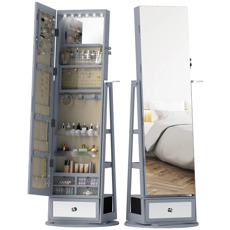 HOMCOM Espejo Joyero con Luces LED Armario Joyero con Espejo Entero Giratorio de 360° Cajón Cerradura Gris Claro
