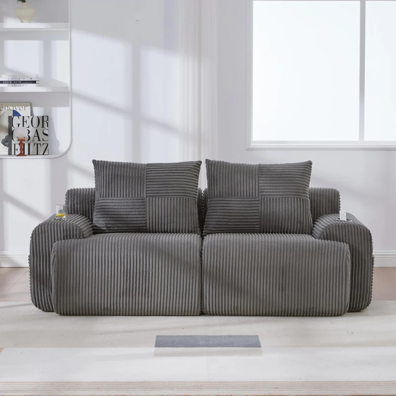 Modular 2-Seater Sofa with Built-In Cup Holder and Side Storage Pocket, Ribbed Corduroy Couch with High-Density Foam, 200L x 99W x 80H cm, Dark Gray