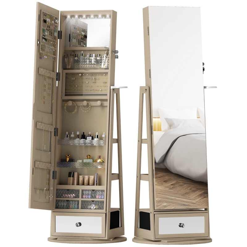 HOMCOM Espejo Joyero con Luces LED Armario Joyero con Espejo Entero Giratorio de 360° Cajón Cerradura Natural