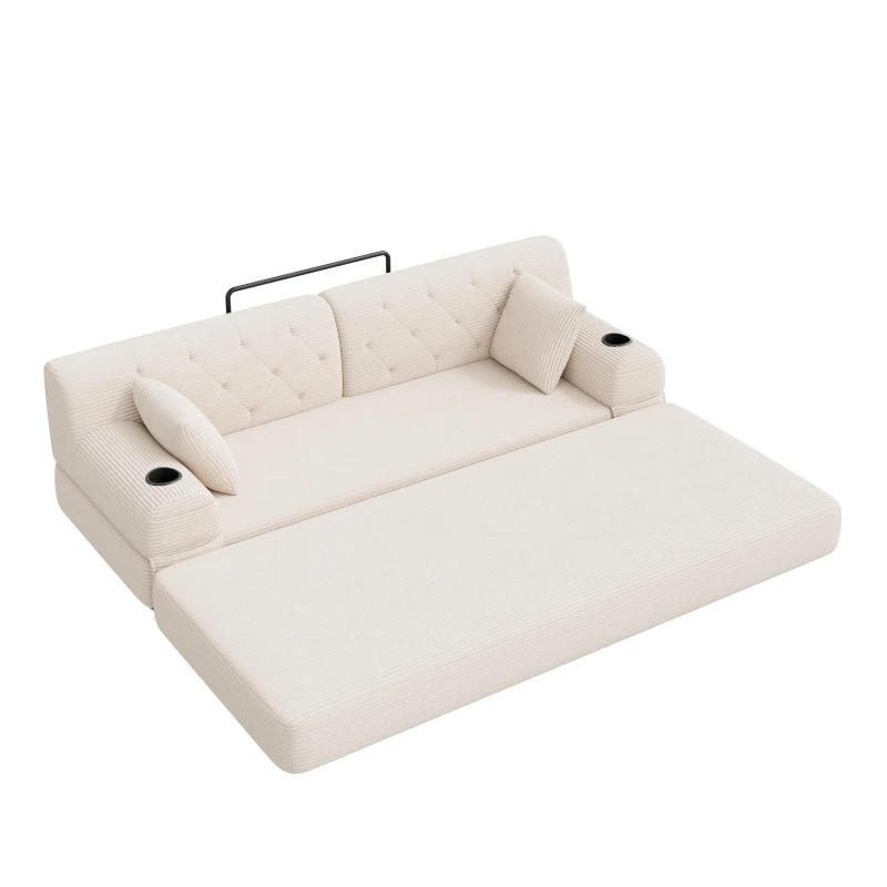 3-Seater Sleeper Sofa with Corduroy High-Back and High-Density Foam, Space-Saving Sofa Bed with 4 Side Pockets, 208L x 80W x 81H cm, Beige