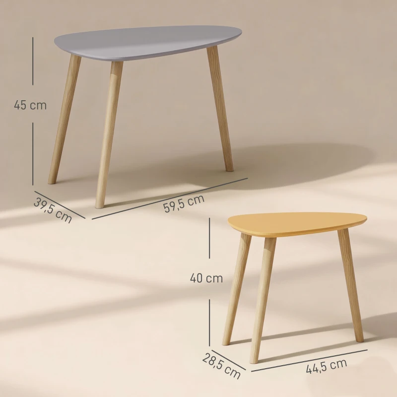 HOMCOM Lote de 2 Mesas de Centro Anidadas de Diseño Escandinavo con Patas de Madera y Tablero de Madera Gris y Amarillo