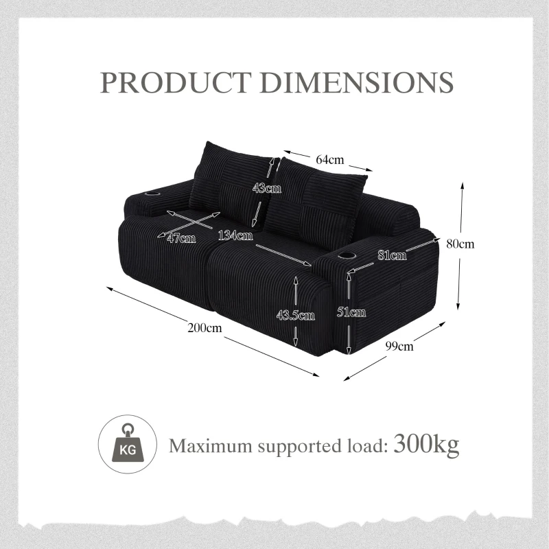 Modular 2-Seater Sofa with Built-In Cup Holder and Side Storage Pocket, Ribbed Corduroy Couch with High-Density Foam, 200L x 99W x 80H cm, Black