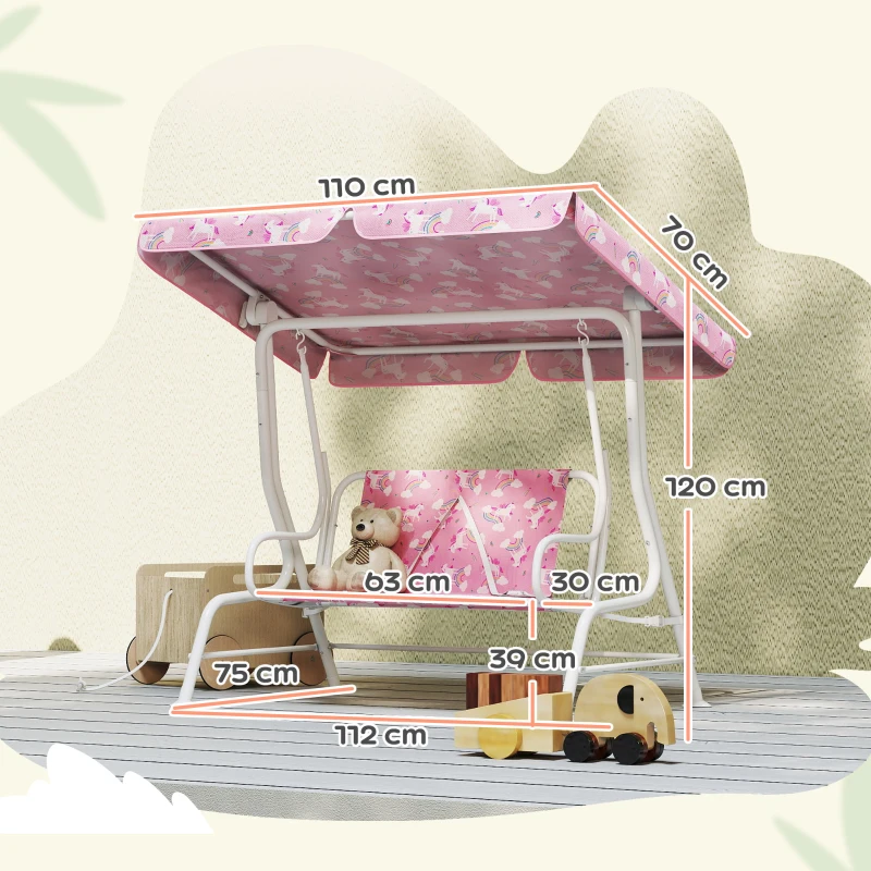 AIYAPLAY 2-Sitzer Kinder Hollywoodschaukel mit verstellbarem Sonnendach, Sicherheitsgurt, für 3-6 Jahre Kinder bis 60 kg Rosa