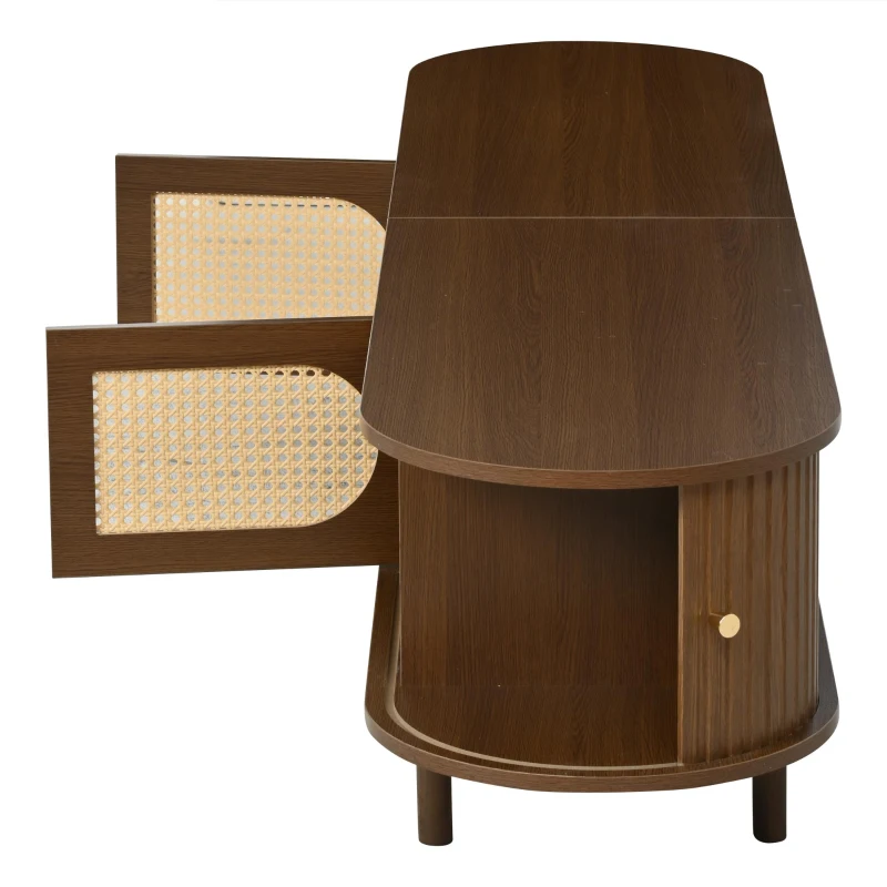 Stylish Oval TV Cabinet with Rattan-Style Fronts, Sturdy Lowboard with 30 kg Load Capacity, 180L x 40W x 40H cm, Walnut