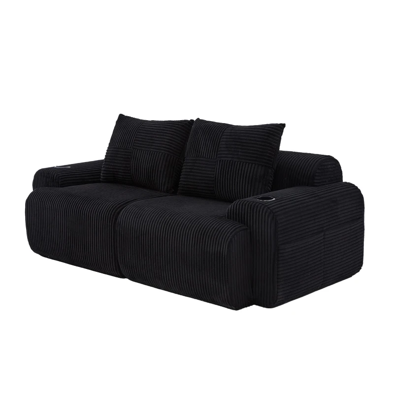 Modular 2-Seater Sofa with Built-In Cup Holder and Side Storage Pocket, Ribbed Corduroy Couch with High-Density Foam, 200L x 99W x 80H cm, Black