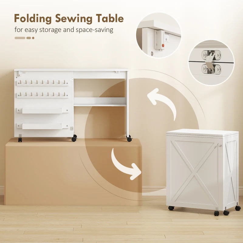 HOMCOM Folding Sewing Table, Rolling Craft Table with Storage compartments, Shelf and Lockable Casters for Small Spaces, White