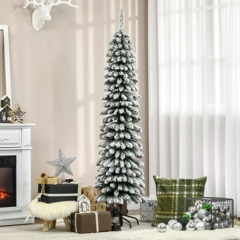 HOMCOM Künstlicher Weihnachtsbaum, schneebedeckt, schmales Design, feuerfest, 180 cm, Grün/Weiß