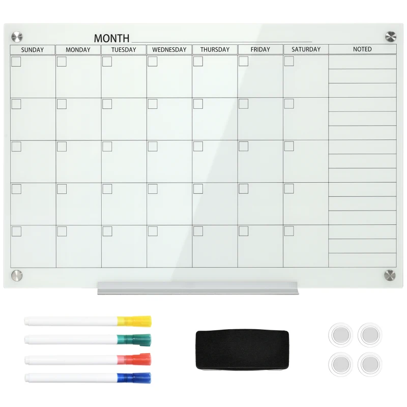 Vinsetto Quadro Branco Calendário 90x60 cm Calendário de Parede com Prateleira para Canetas Apagável a Seco Planeador Semanal com 4 Canetas Apagador Calendário Mensal para Escritório Escola Cozinha Casa