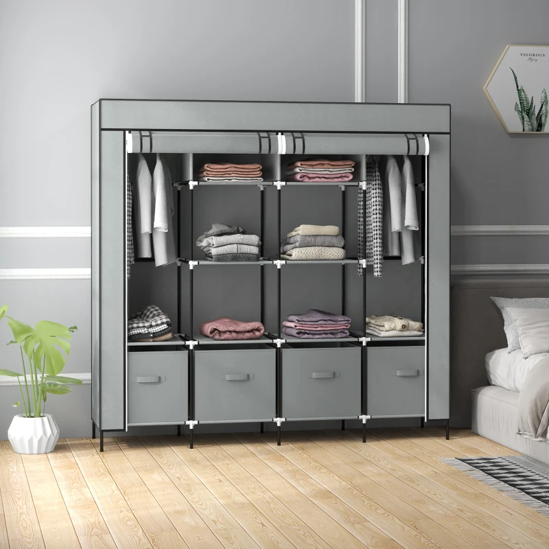 HOMCOM Armario Ropero de Tela Armario Portátil con 10 Compartimentos 2 Rieles Colgantes y 4 Cajones 166x42,5x169,5 cm Gris