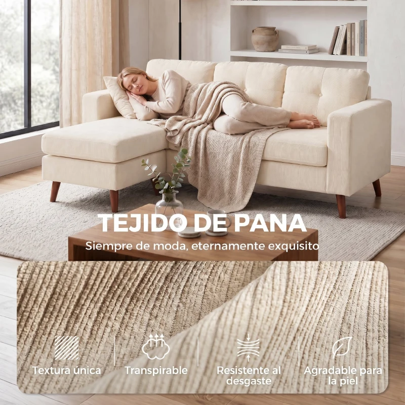 HOMCOM Sofá esquinero 192 cm en L 3 plazas con chaiselongue reversible, acabado en pana, para espacios pequeños, blanco crema