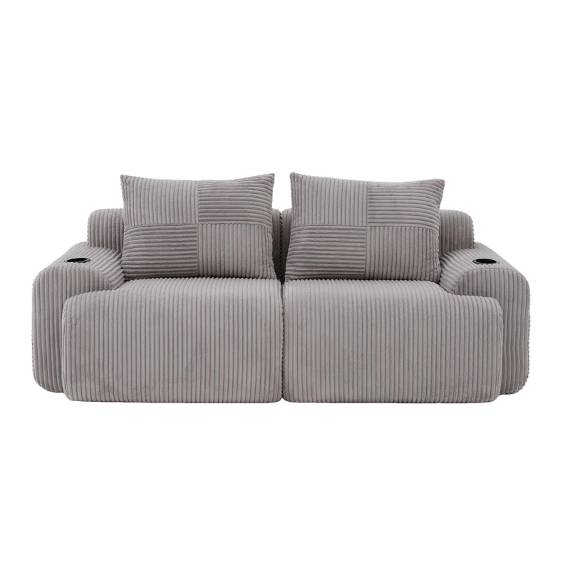 Modular 2-Seater Sofa with Built-In Cup Holder and Side Storage Pocket, Ribbed Corduroy Couch with High-Density Foam, 200L x 99W x 80H cm, Light Gray