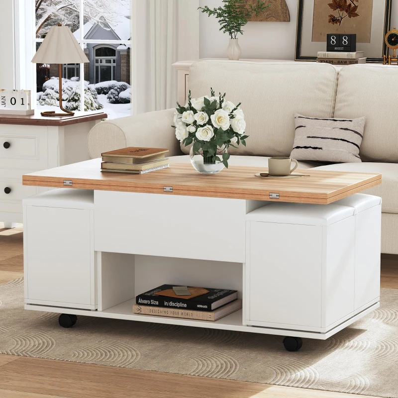 Lift-Top Coffee Table with Hydraulic Lift, Stylish Side Table with 2 Open Shelves, 100L x 50W x 48H cm, Natural+White