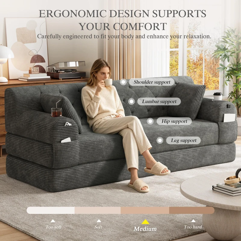 3-Seater Sleeper Sofa with Corduroy High-Back and High-Density Foam, Space-Saving Sofa Bed with 4 Side Pockets, 208L x 80W x 81H cm, Dark Gray