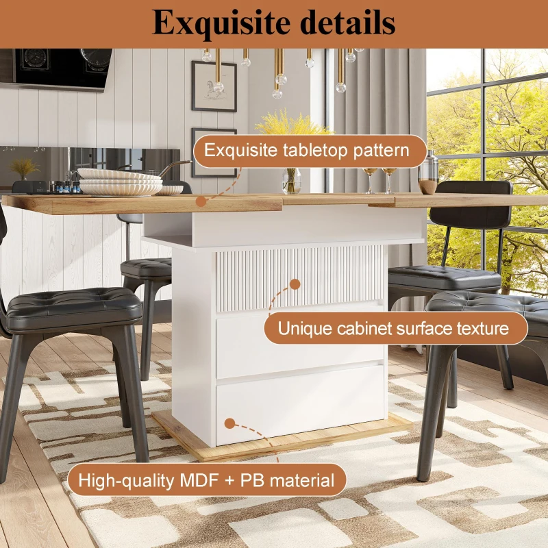 Extendable Dining Table with Hidden Storage, Modern Extension Table with Magnetic Soft-Close, 140L x 80W x 75H cm, White