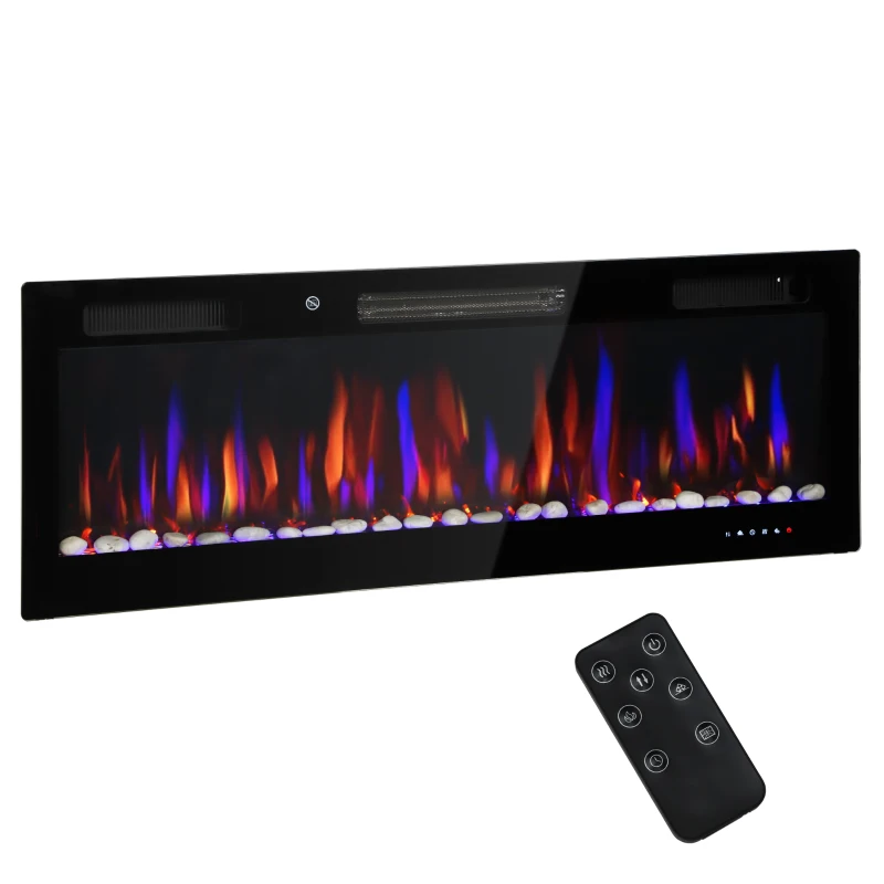 HOMCOM Chimenea Eléctrica Pared Empotrable Ultrafina con Llama 3D Brillo/Velocidad Ajustable y 12 Colores Guijarros 900/1800W