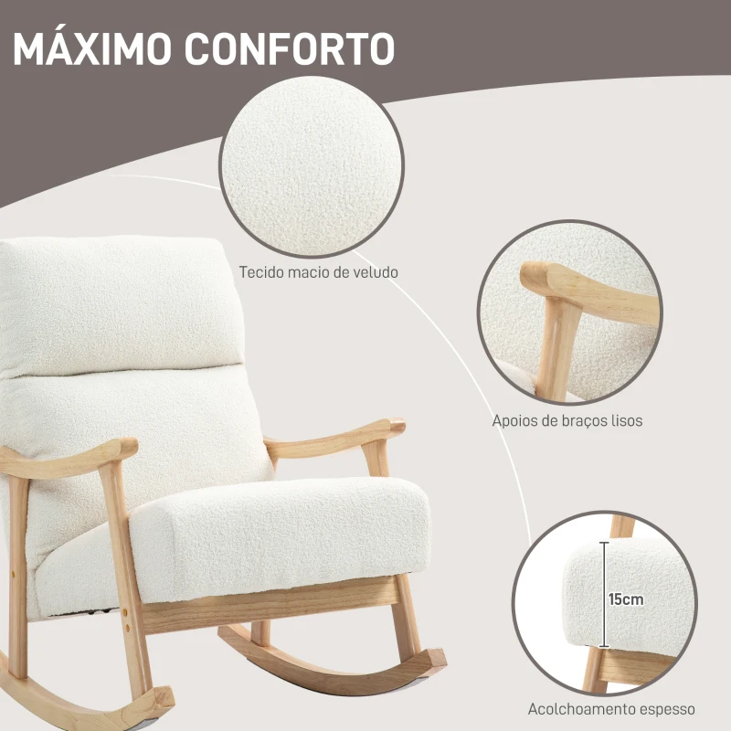 HOMCOM Poltrona Baloiço Moderna em Borrego com Apoio para os Braços de Madeira de Faia Poltrona de Amamentação 65x90x98 cm Creme
