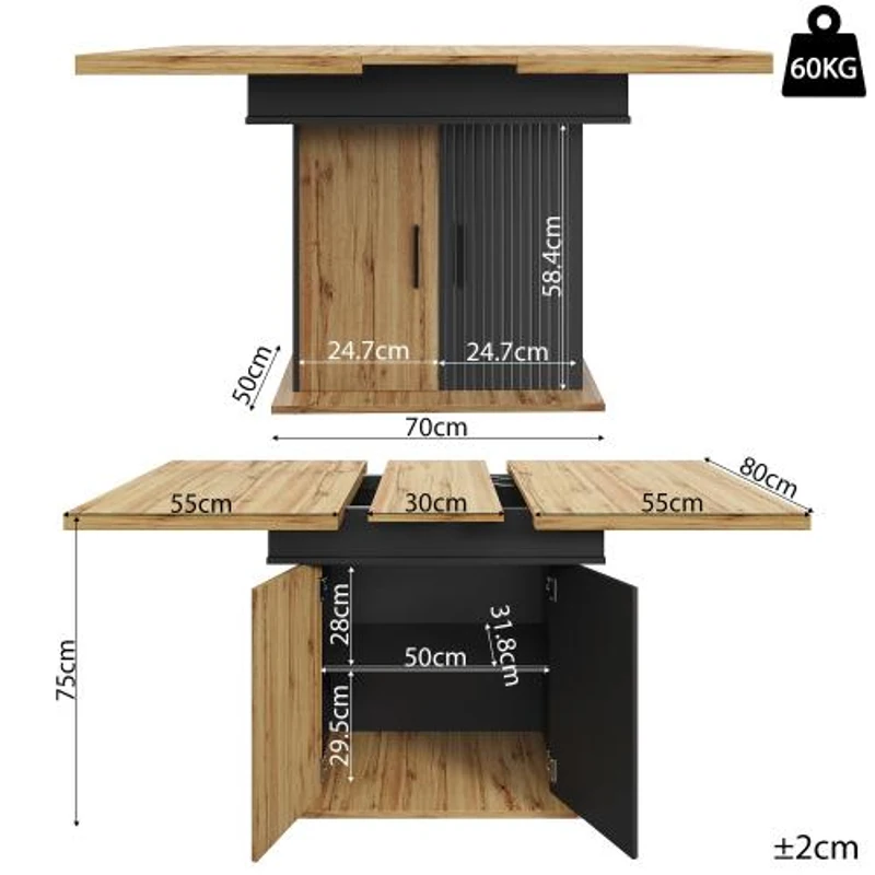 Telescopic Dining Table with Double-Sided Extension System, Modern Extension Table with Height-Adjustable Shelves, 140L x 80W x 75H cm, Black+Natural