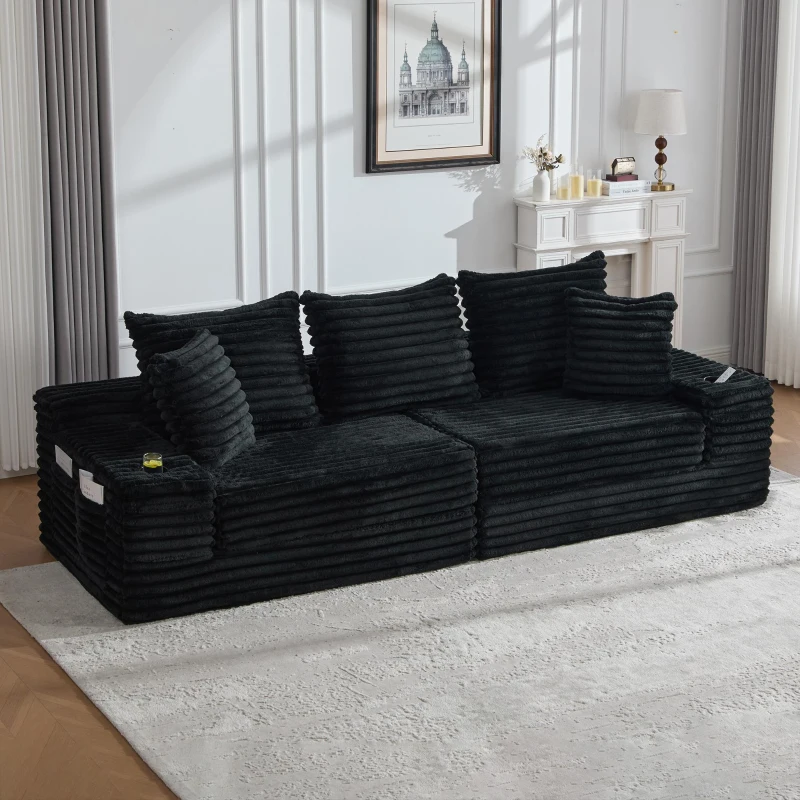Convertible Sofa Bed with High Backrest and Extra Pillow, Ribbed Corduroy Couch with Dual Side Pockets, 107.5L x 38.5W x 34H cm, Black