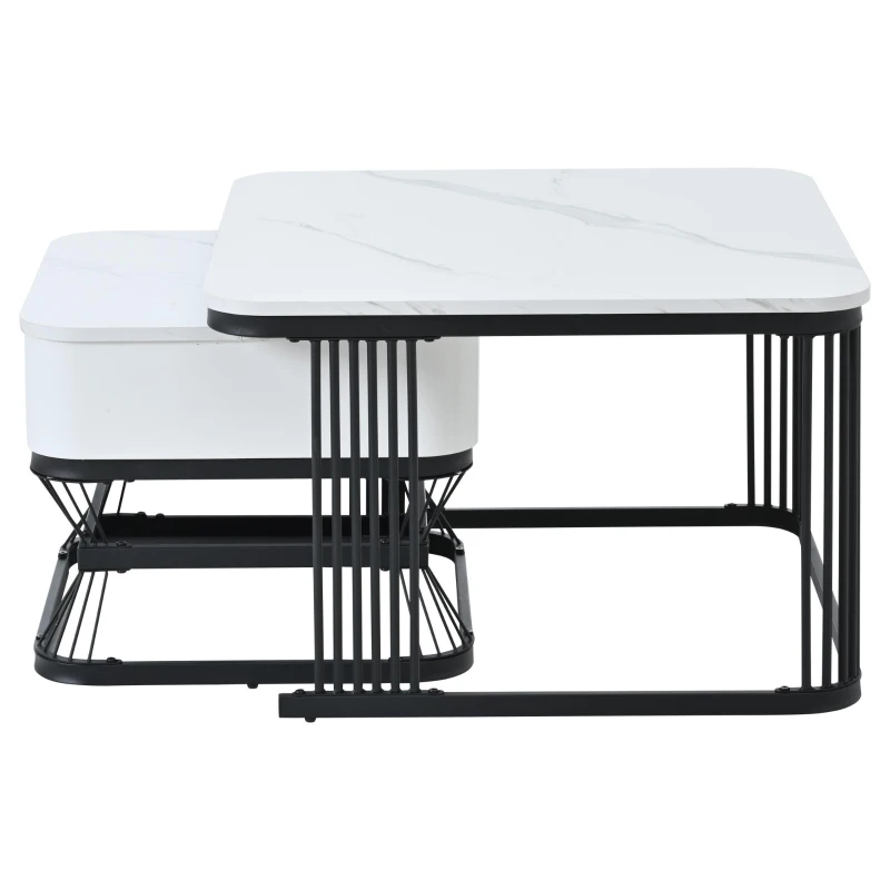 Nesting Coffee Table Set with Open Storage Shelf, Space-Saving Center Table Set with MDF Tops, 70L x 70W x 45H cm, White+Black