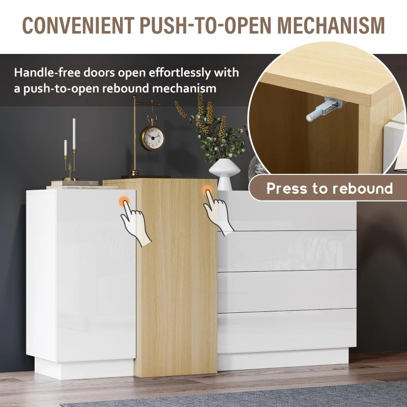 High-Gloss Sideboard with 4 Drawers and 2 Doors, Stylish Storage Cabinet with Anti-Tilt Safety Rails, 140L x 35W x 76.5H cm, White